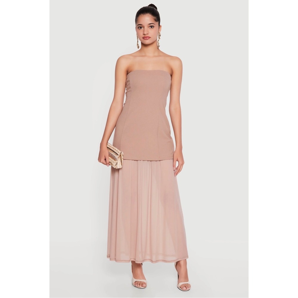 Haute Monde Strapless Layered Mesh Maxi Dress Mauve Taupe Large NEW